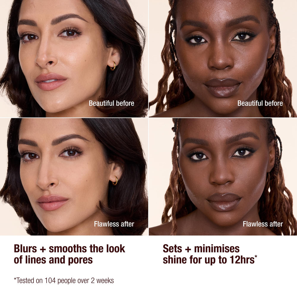 Charlotte Tilbury before-and-after on skin showing reduced shine and pore-blurring benefit