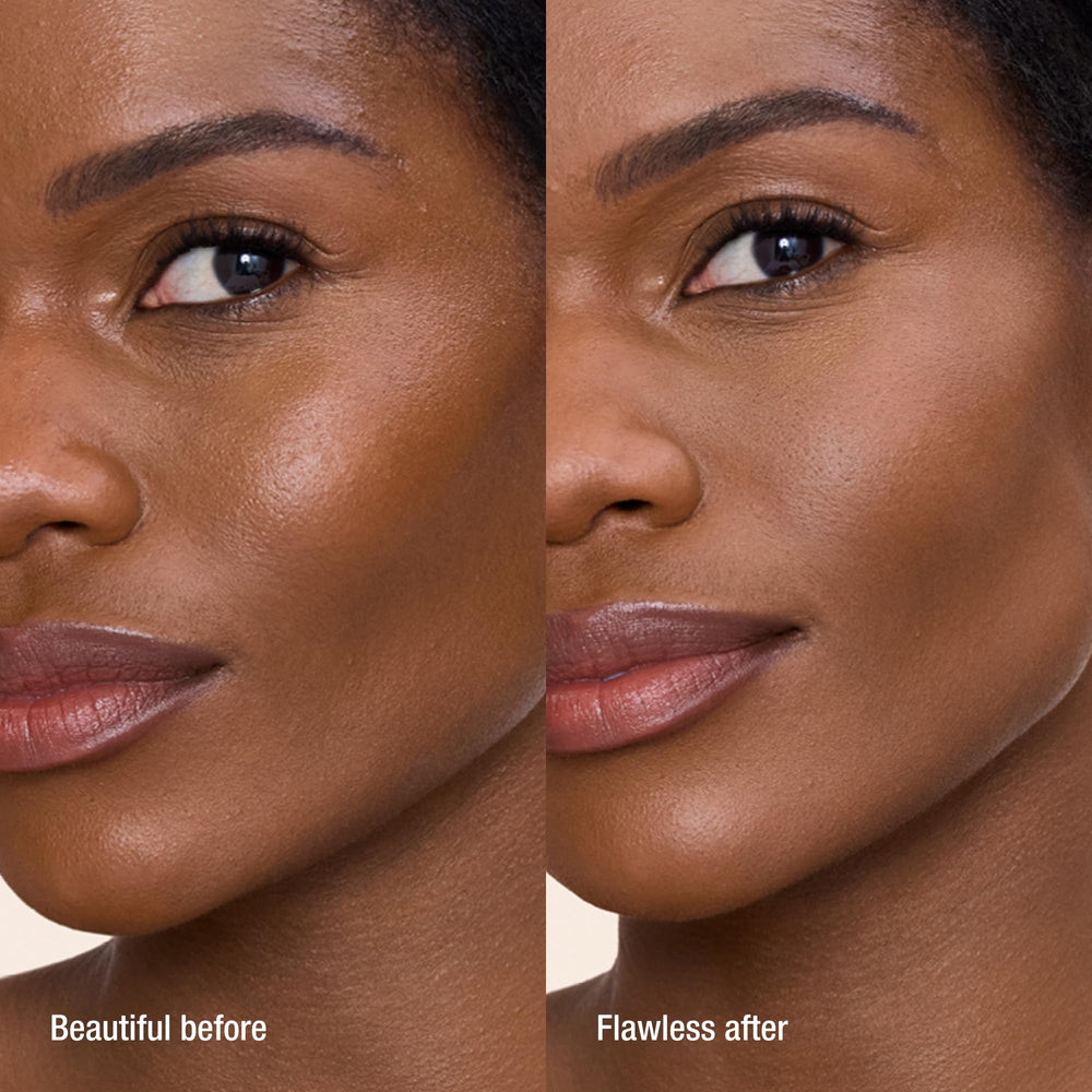 Charlotte Tilbury powder swatch on skin demonstrates smooth blend and natural matte benefit