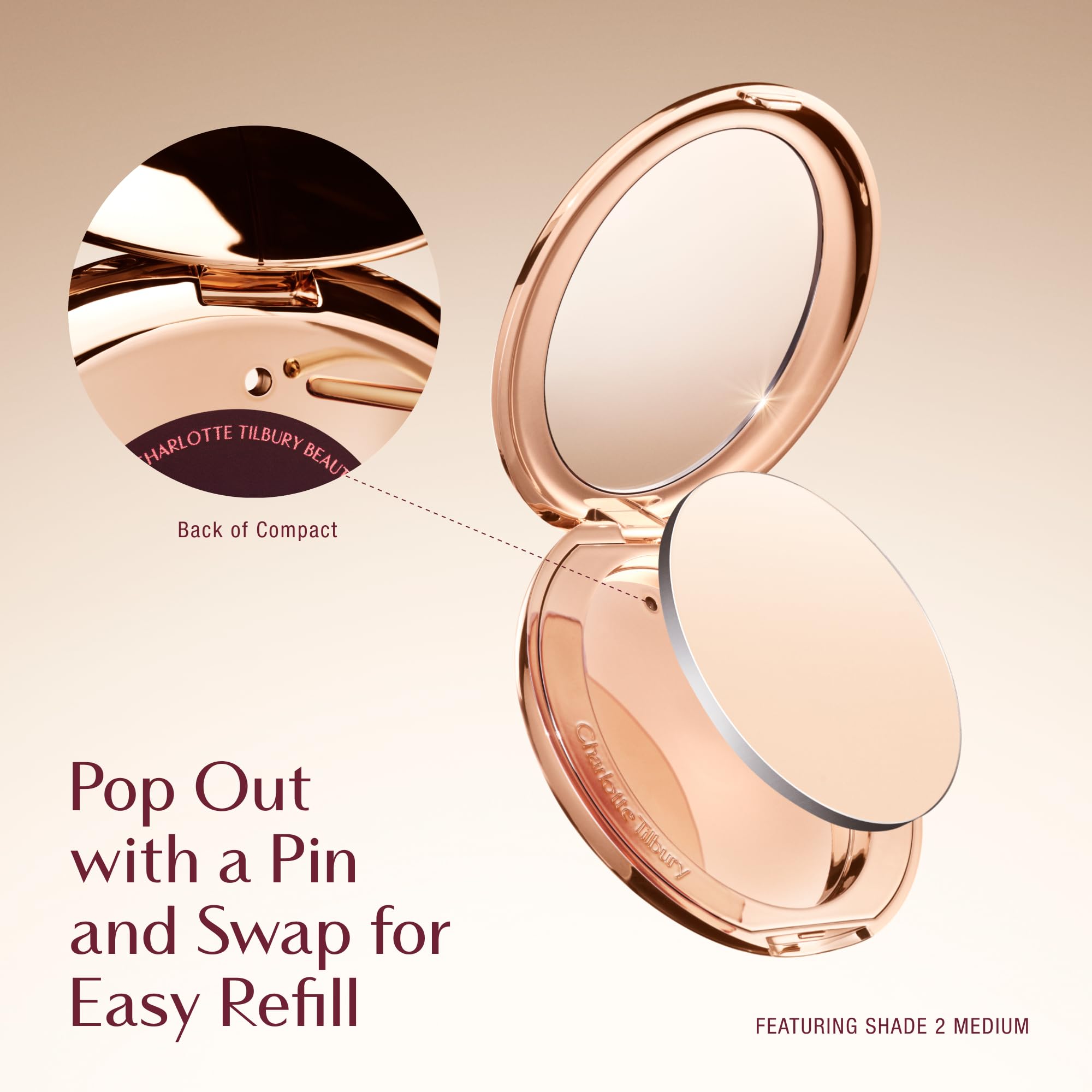 Charlotte Tilbury compact open side profile showing refill placement and secure closure benefit