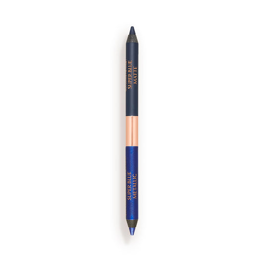 Charlotte Tilbury Super Blue front view showing dual-ended pencil and packaging benefit long wear