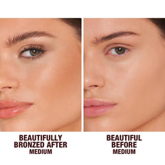 Charlotte Tilbury swatches on arm displaying buildable warm bronze and blendability