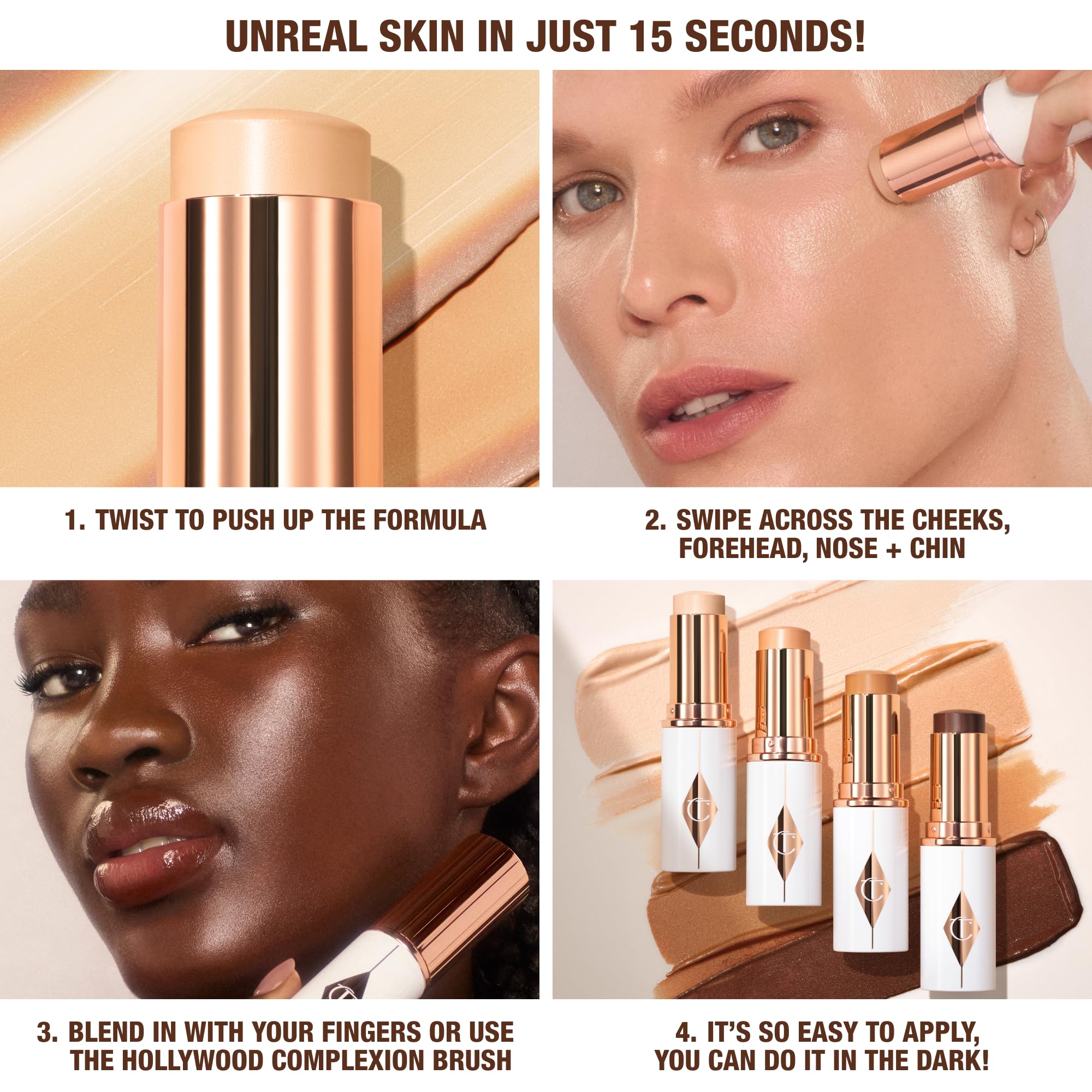 Charlotte Tilbury stick being blended on cheek for quick coverage and seamless glow