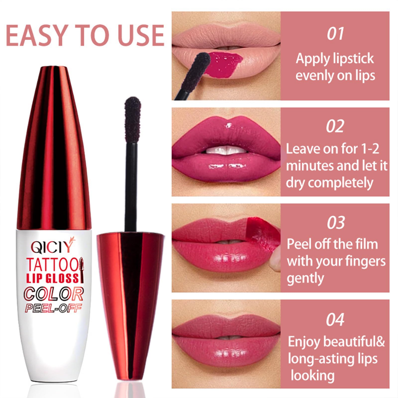 Charm Kiss applying film to lips as step-by-step guidance for precise results