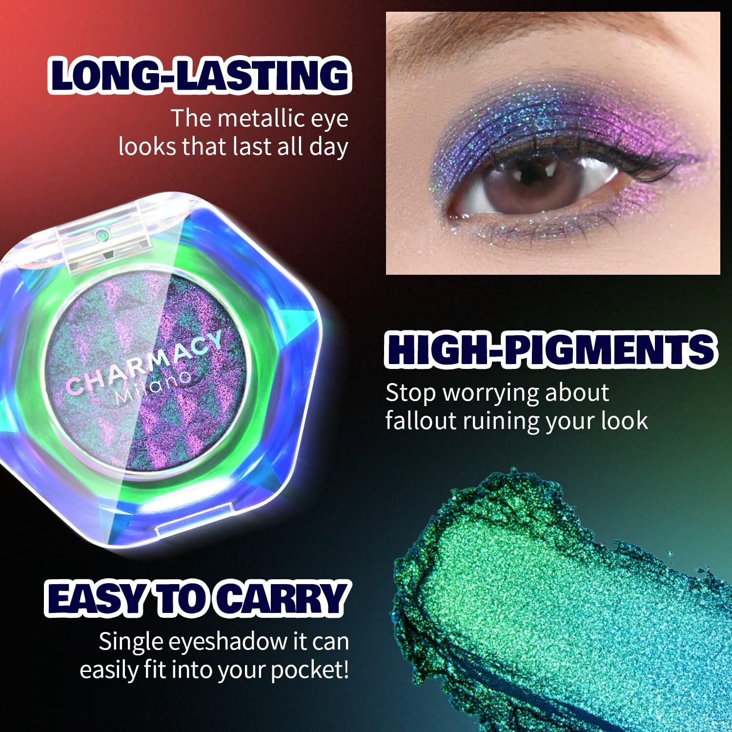 Charmacy Milano applied eye look delivering multi-reflective finish and dramatic depth