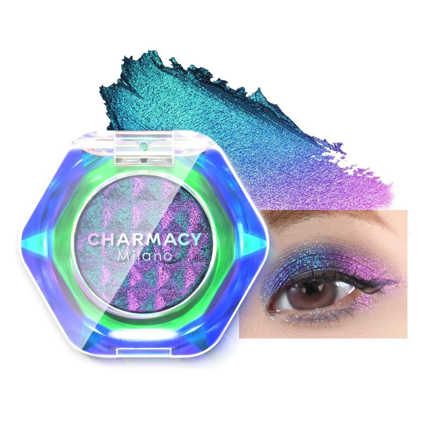 Charmacy Milano front compact showing multichrome sparkle and intense color payoff