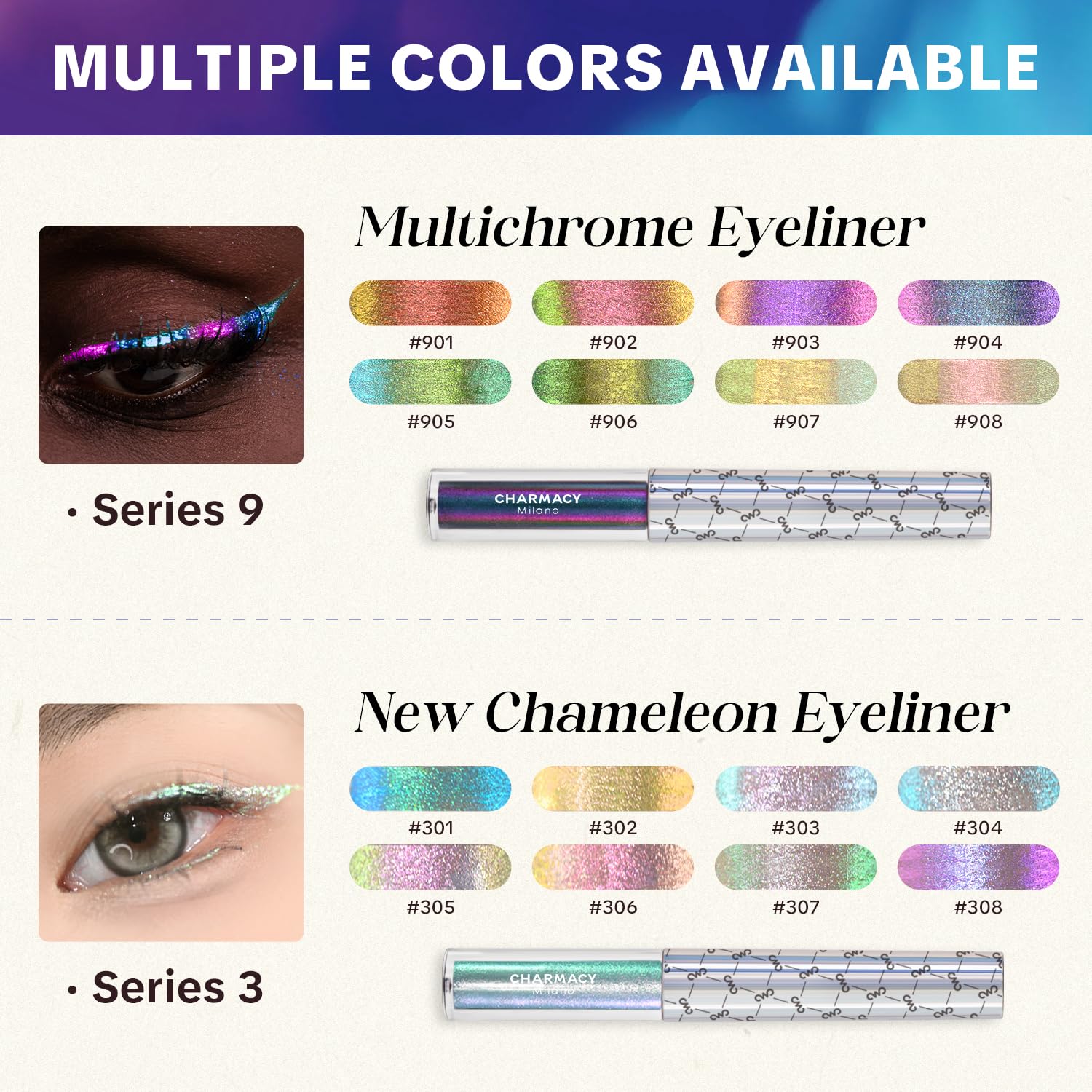 Charmacy Milano eyeliner creating a sharp winged look for impact