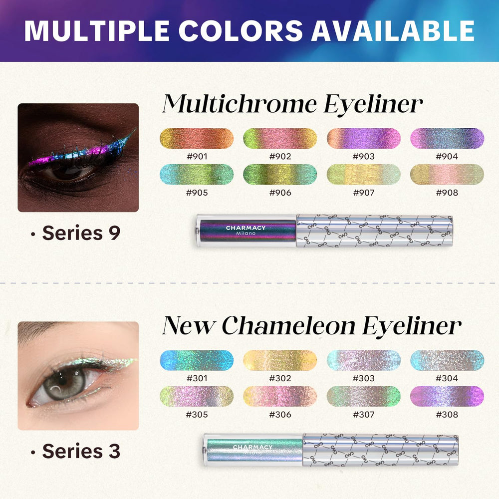 Charmacy applied as a winged eyeliner on model illustrating precise, long-wearing finish