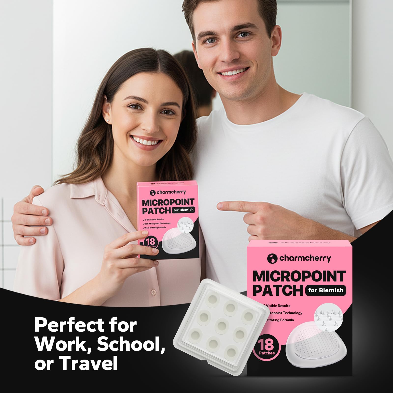 CharmCherry patches in a travel kit, convenient on-the-go blemish care benefit