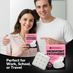 CharmCherry patches in a travel kit, convenient on-the-go blemish care benefit