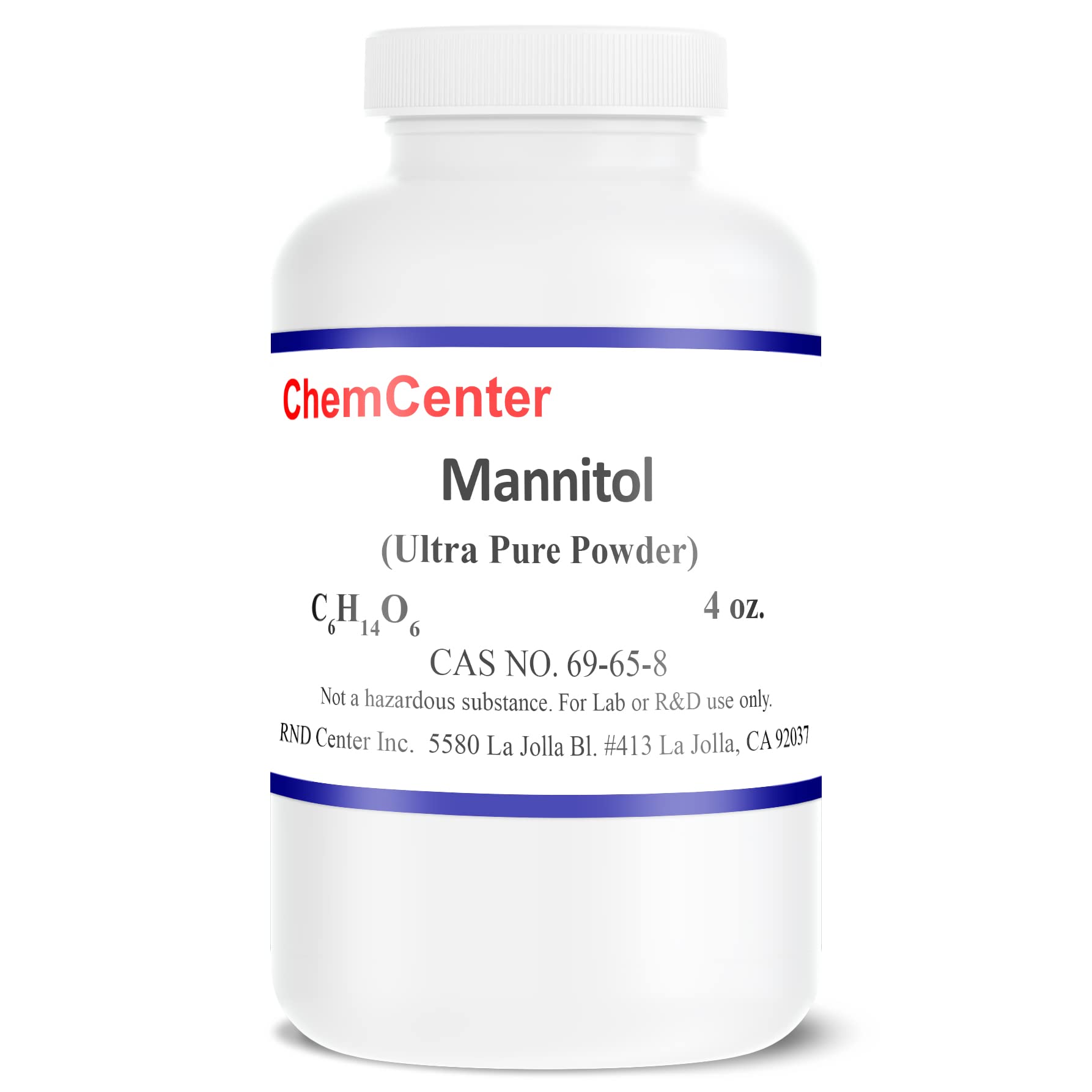 ChemCenter mannitol front bottle showing label and container, clear lab-ready packaging benefit