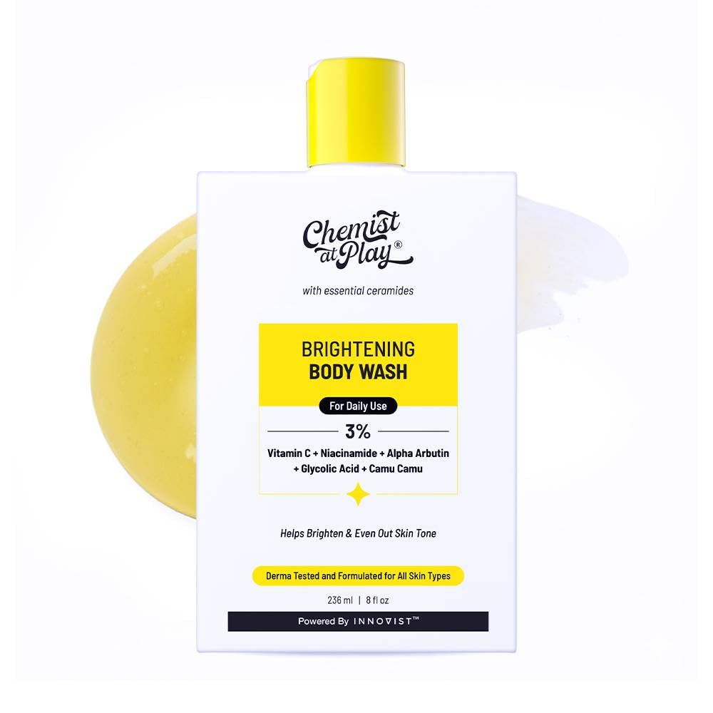 Chemist at Play brightening body wash front bottle showing package and benefit