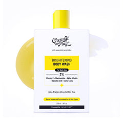 Chemist at Play brightening body wash front bottle showing package and benefit