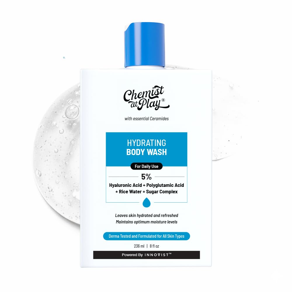 Chemist at Play front bottle showing label and benefits for hydrated skin