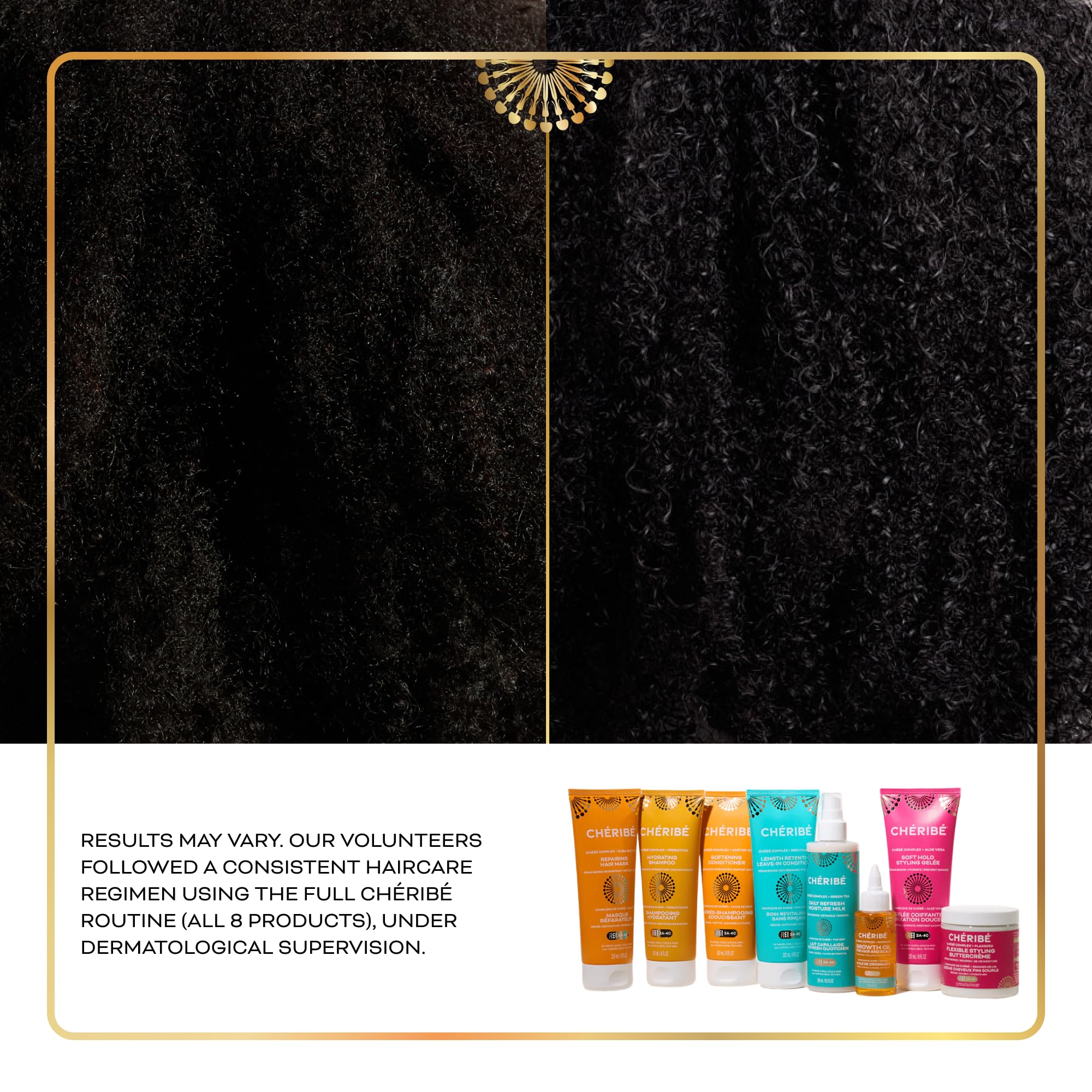 Chéribé before and after strands showing improved shine and reduced frizz after regular use