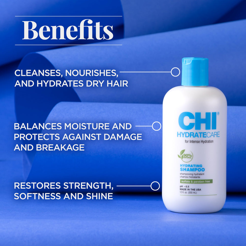 CHI hydratecare pump and label close-up highlighting ingredient callouts