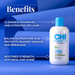 CHI hydratecare pump and label close-up highlighting ingredient callouts