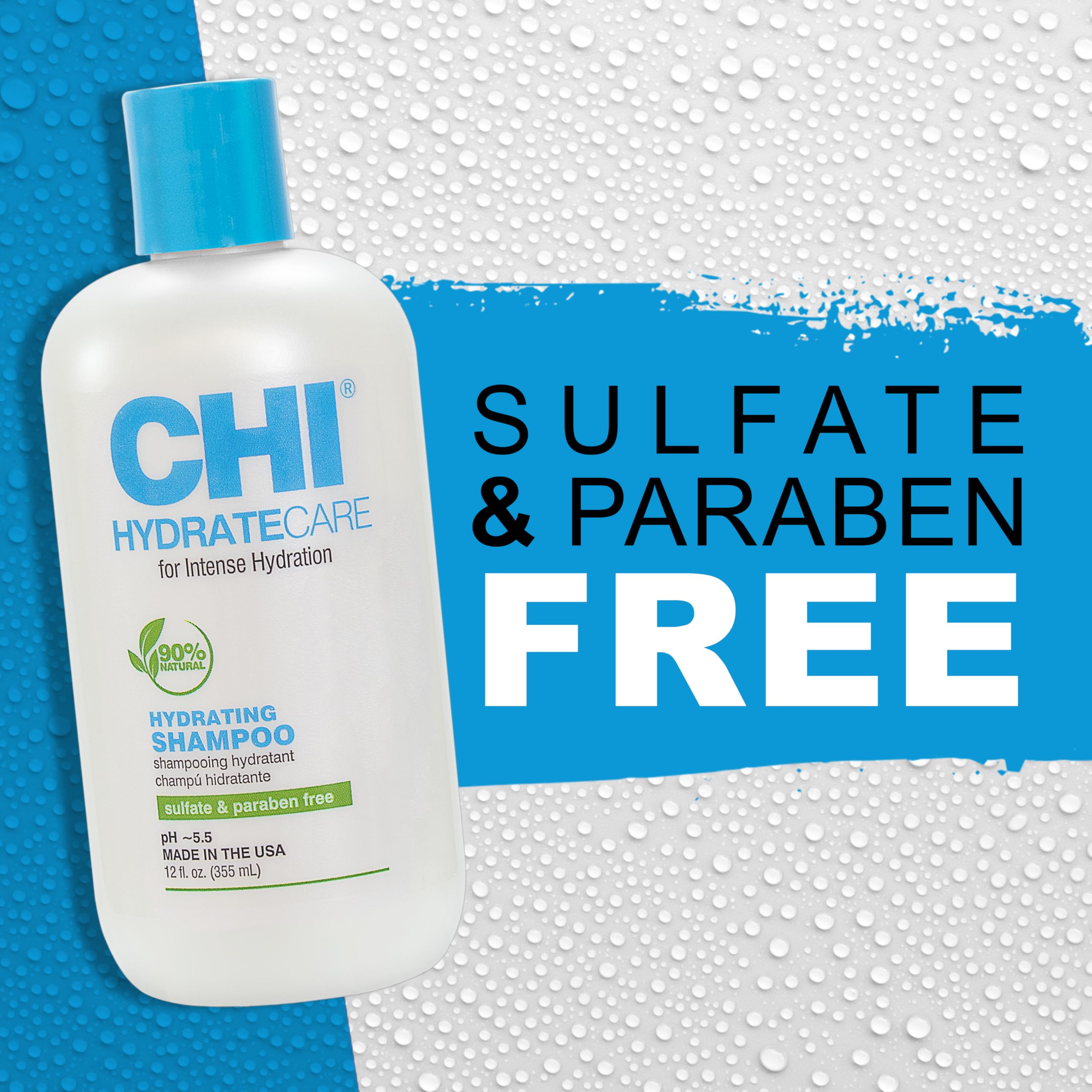 CHI hydratecare bottle next to hand to show 12 oz size and scale