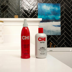 CHI bottle on bathroom shelf suggesting daily routine benefit