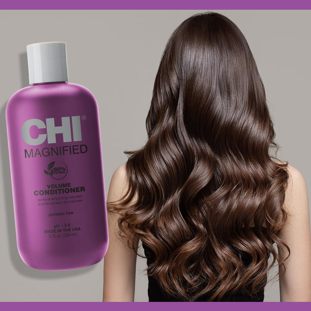 CHI conditioner in bathroom lifestyle shot demonstrating fuller hair styling