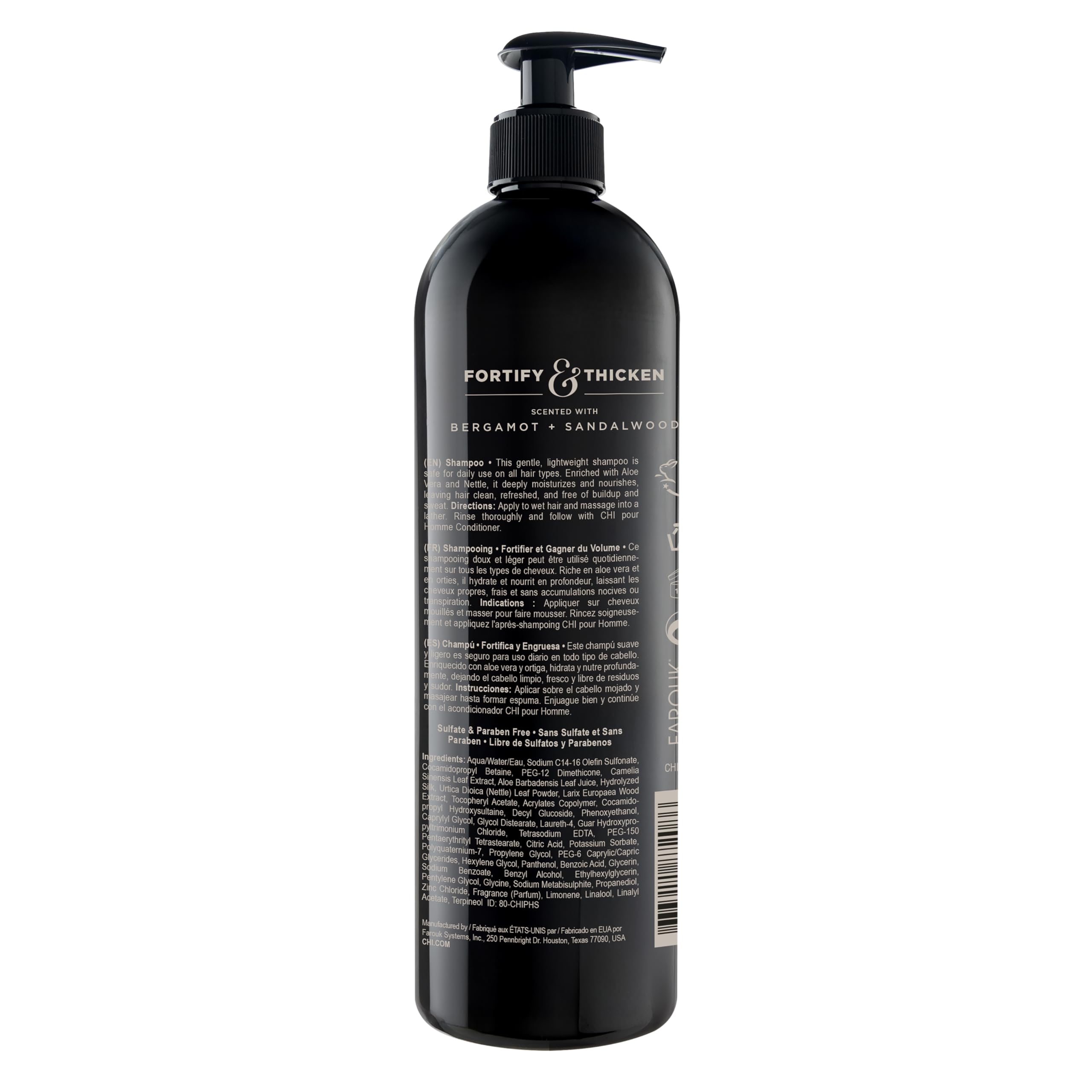 CHI Pour Homme back label close-up listing ingredients and benefits for transparency