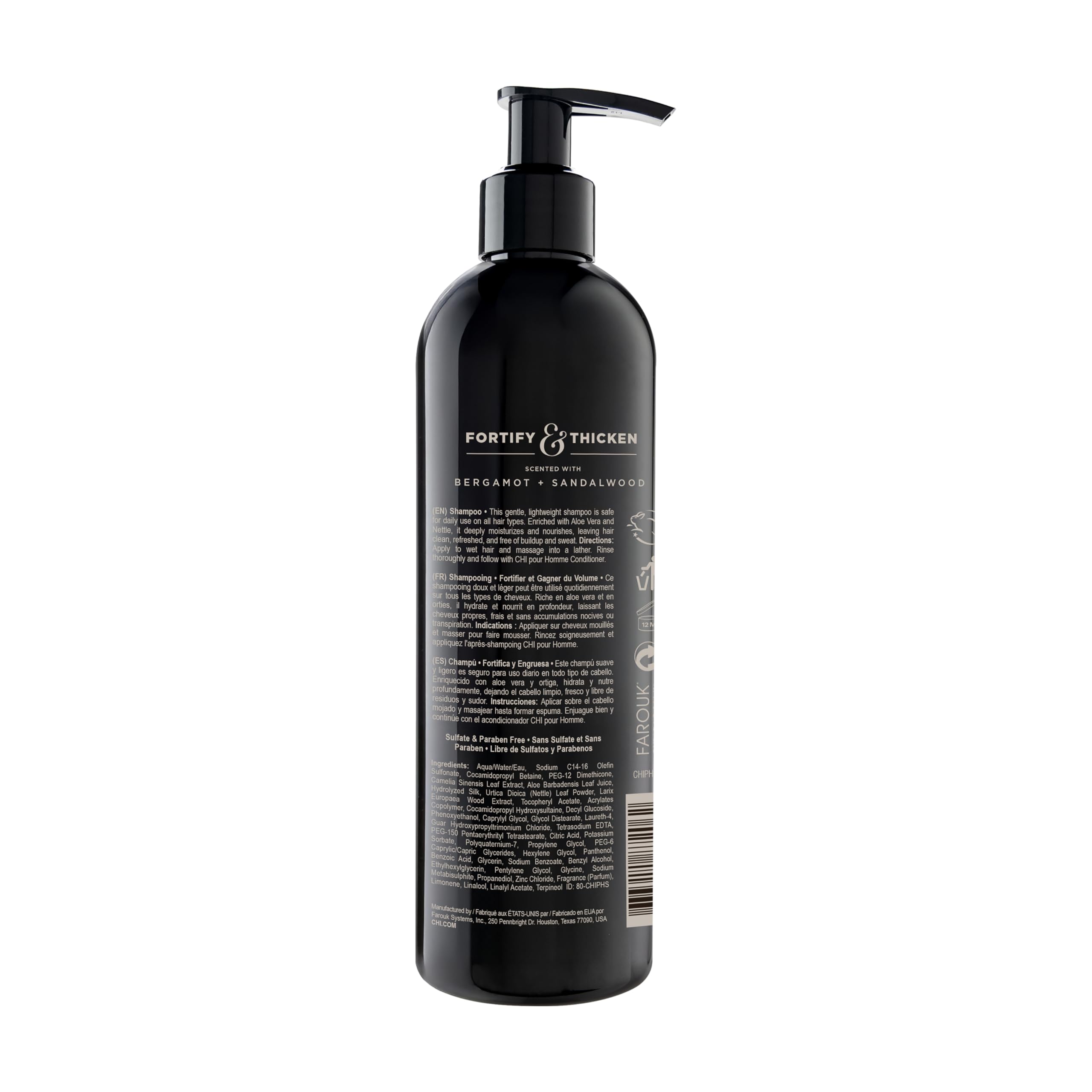 CHI Pour Homme back label showing ingredients and directions for clear product information