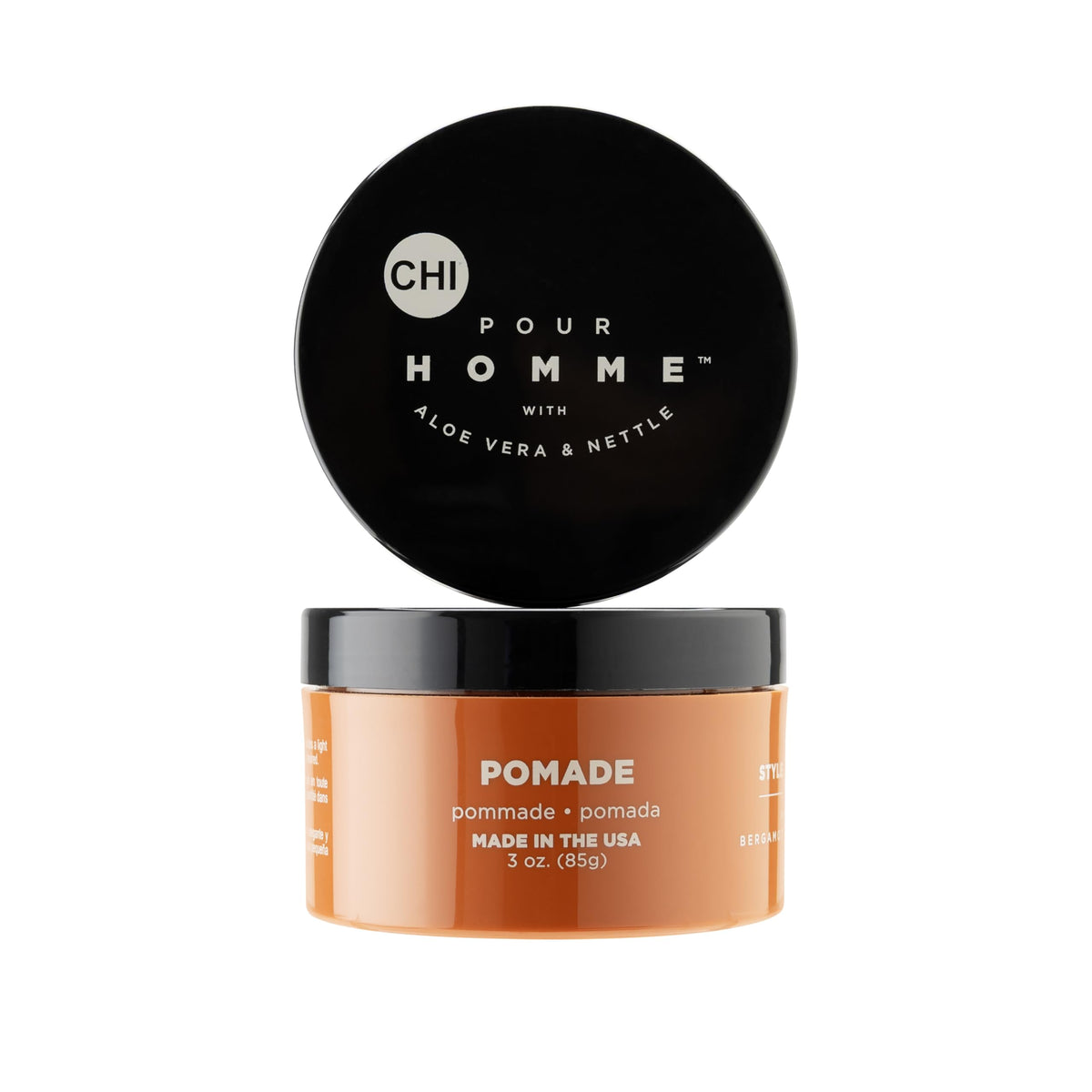 CHI Pour Homme front jar showing clean branding and product size benefit
