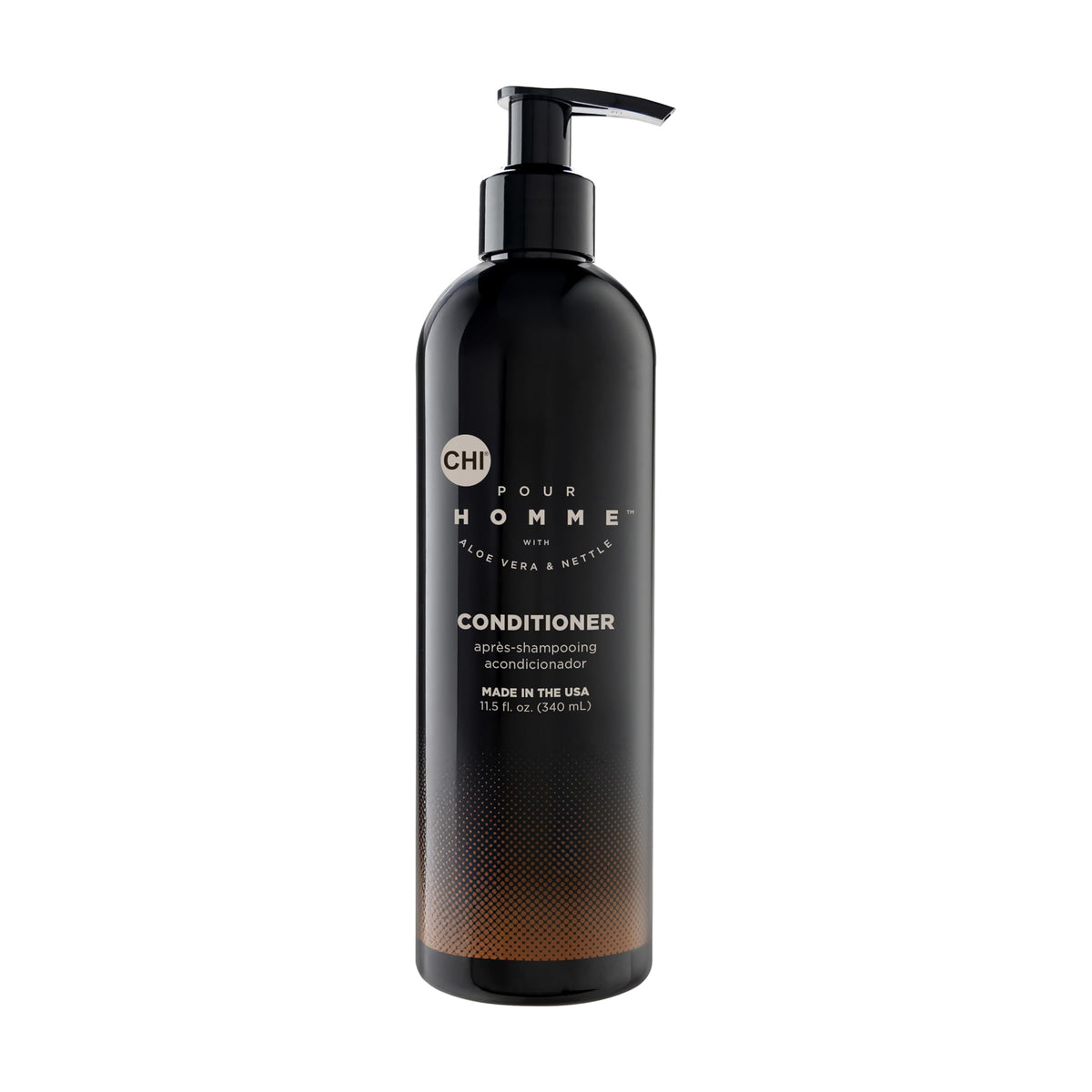 CHI Pour Homme front packaging showing 11.5 oz bottle and brand benefit