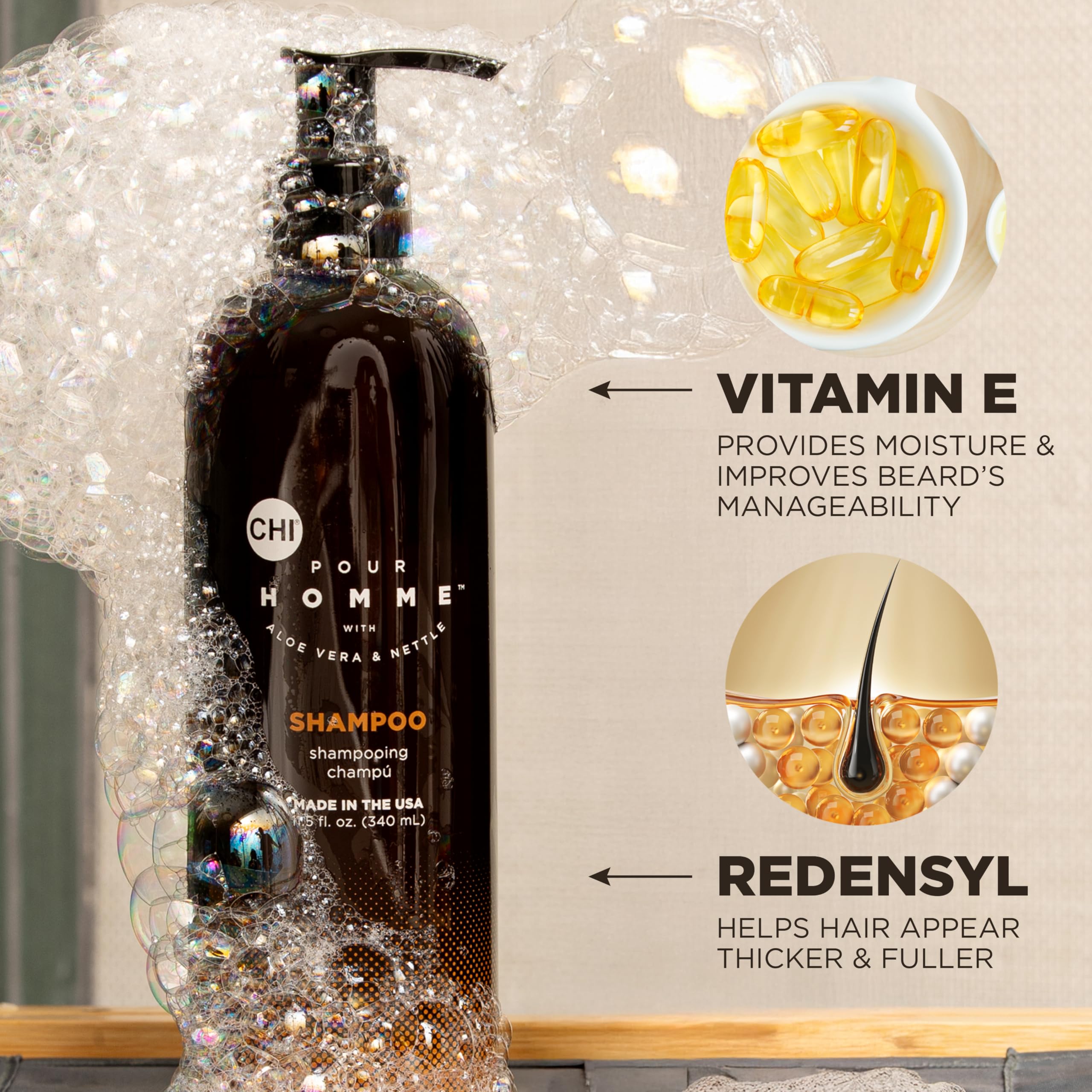 man using CHI Pour Homme shampoo in shower showcasing effective cleansing