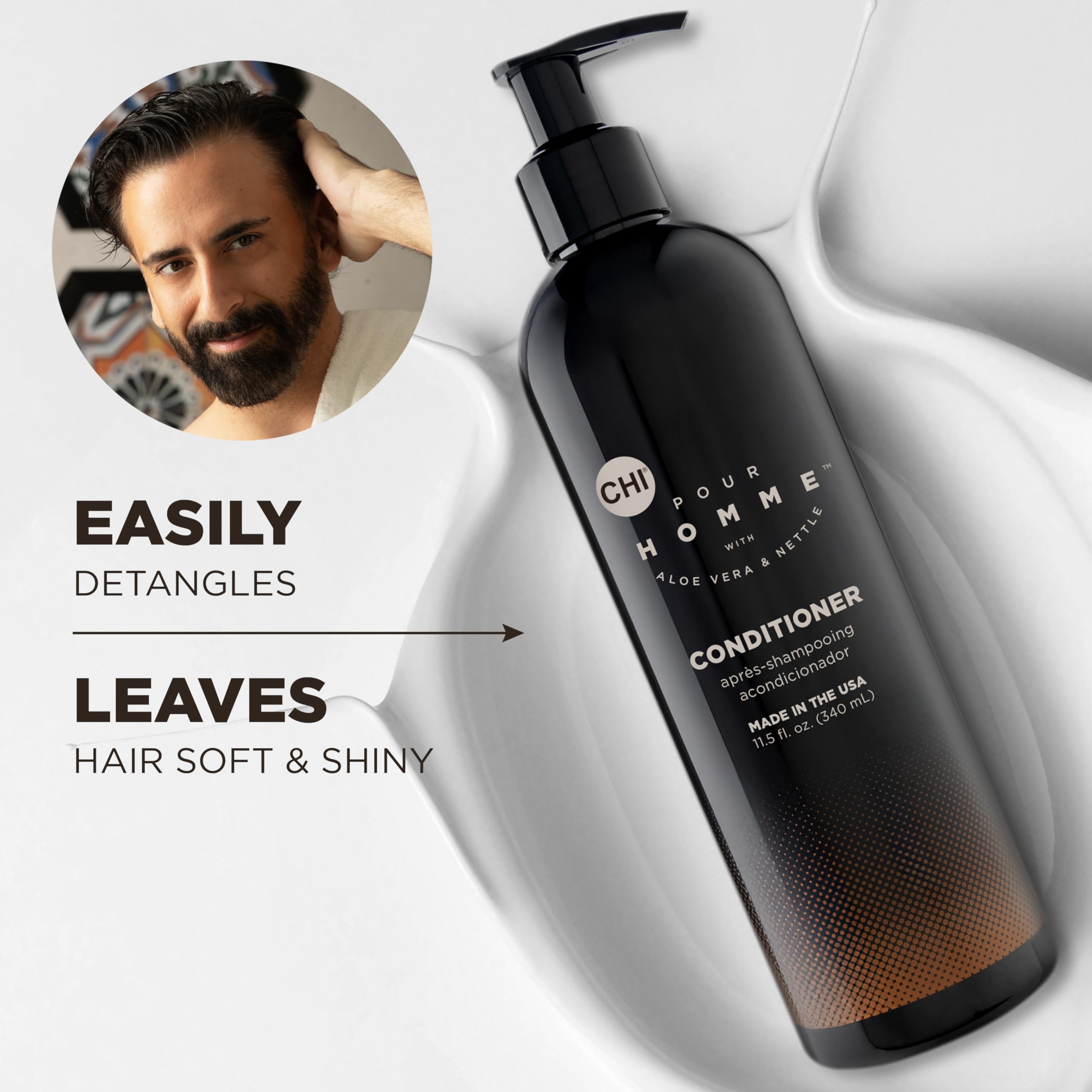 CHI Pour Homme being poured into hands showing easy slip and detangling