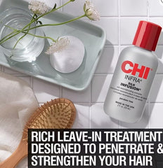 CHI Silk Infusion applied while styling demonstrating frizz control benefit