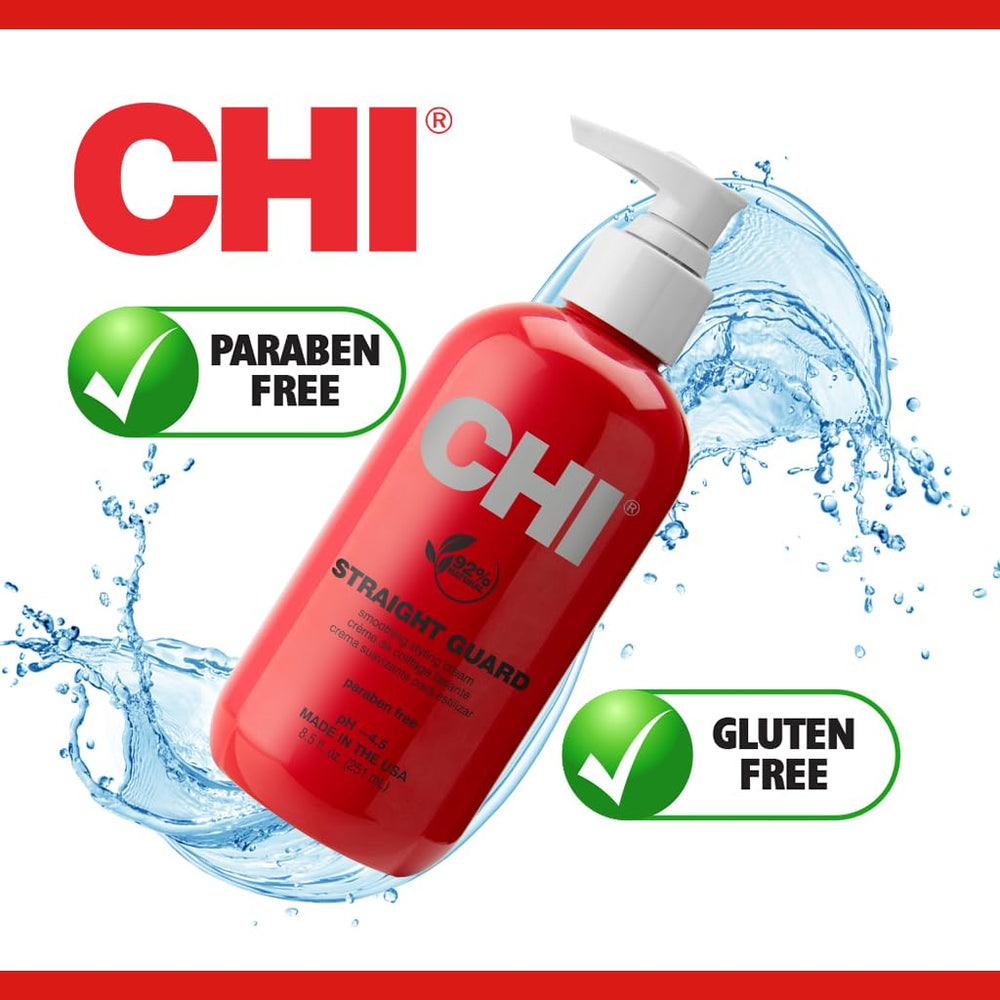 CHI Straight Guard label closeup highlighting ingredients and usage benefits