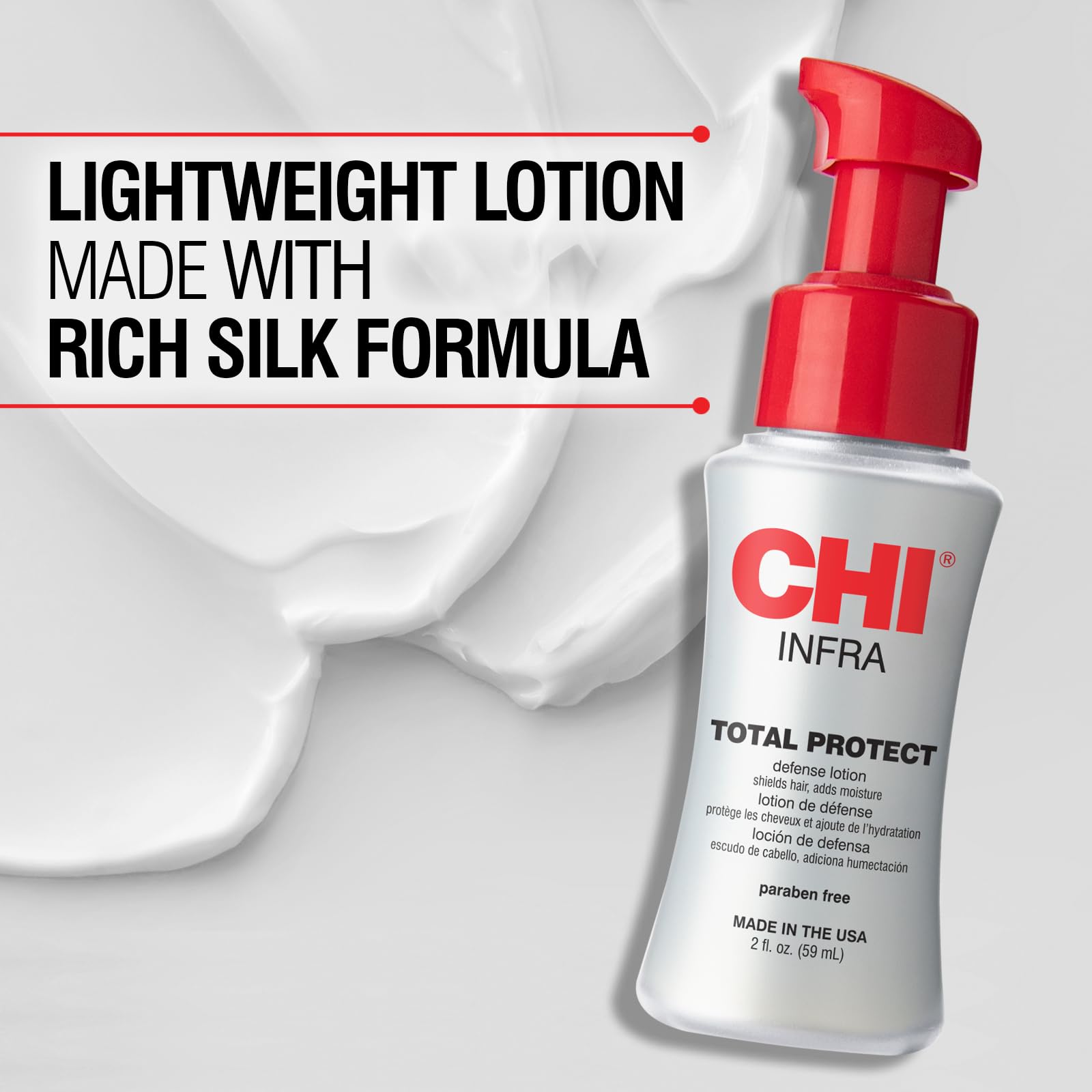 CHI lotion texture close-up demonstrating lightweight silk formula and smoothness benefit
