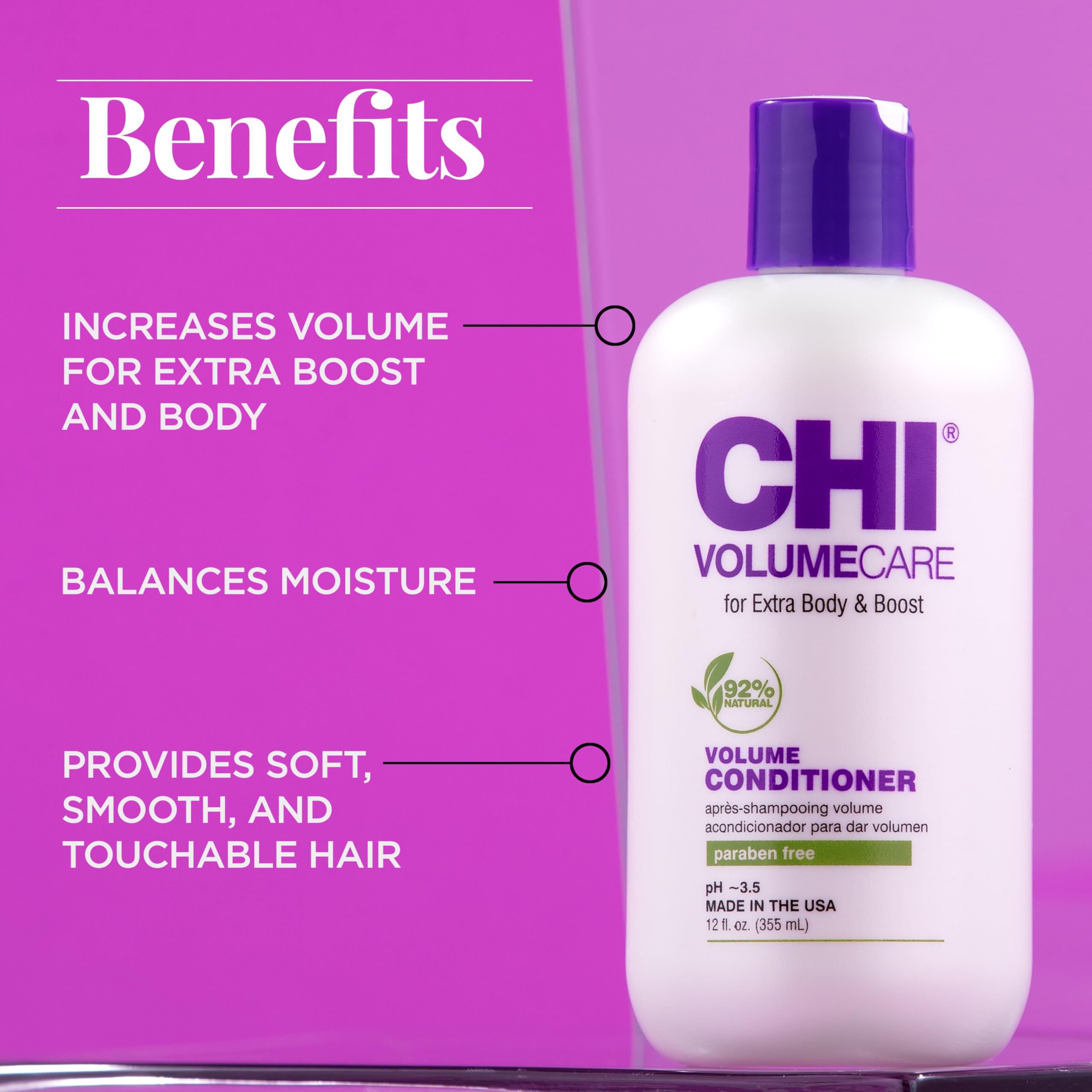 CHI pump and label detail highlighting ingredients and directions benefit