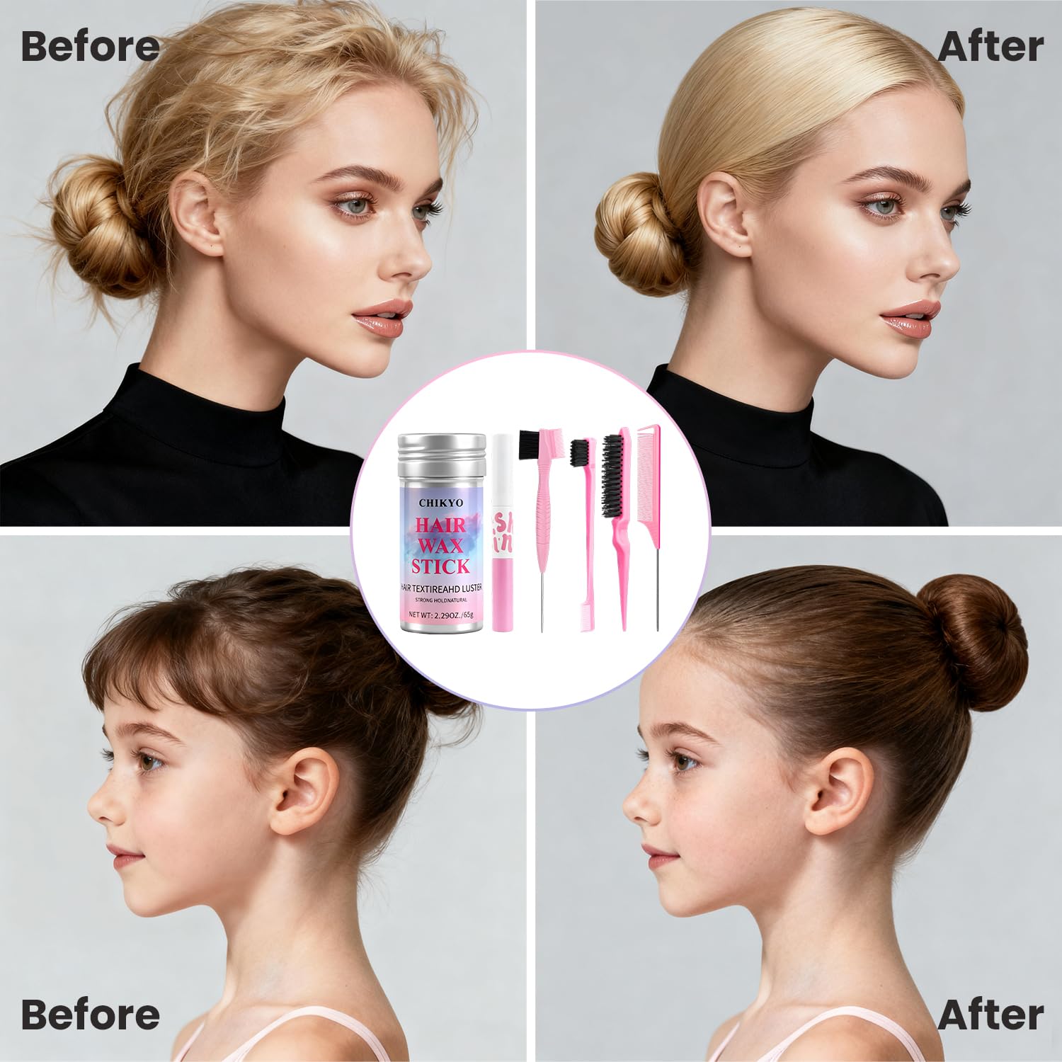 CHIKYO wax stick close-up demonstrating smooth glide for flyaway control benefit