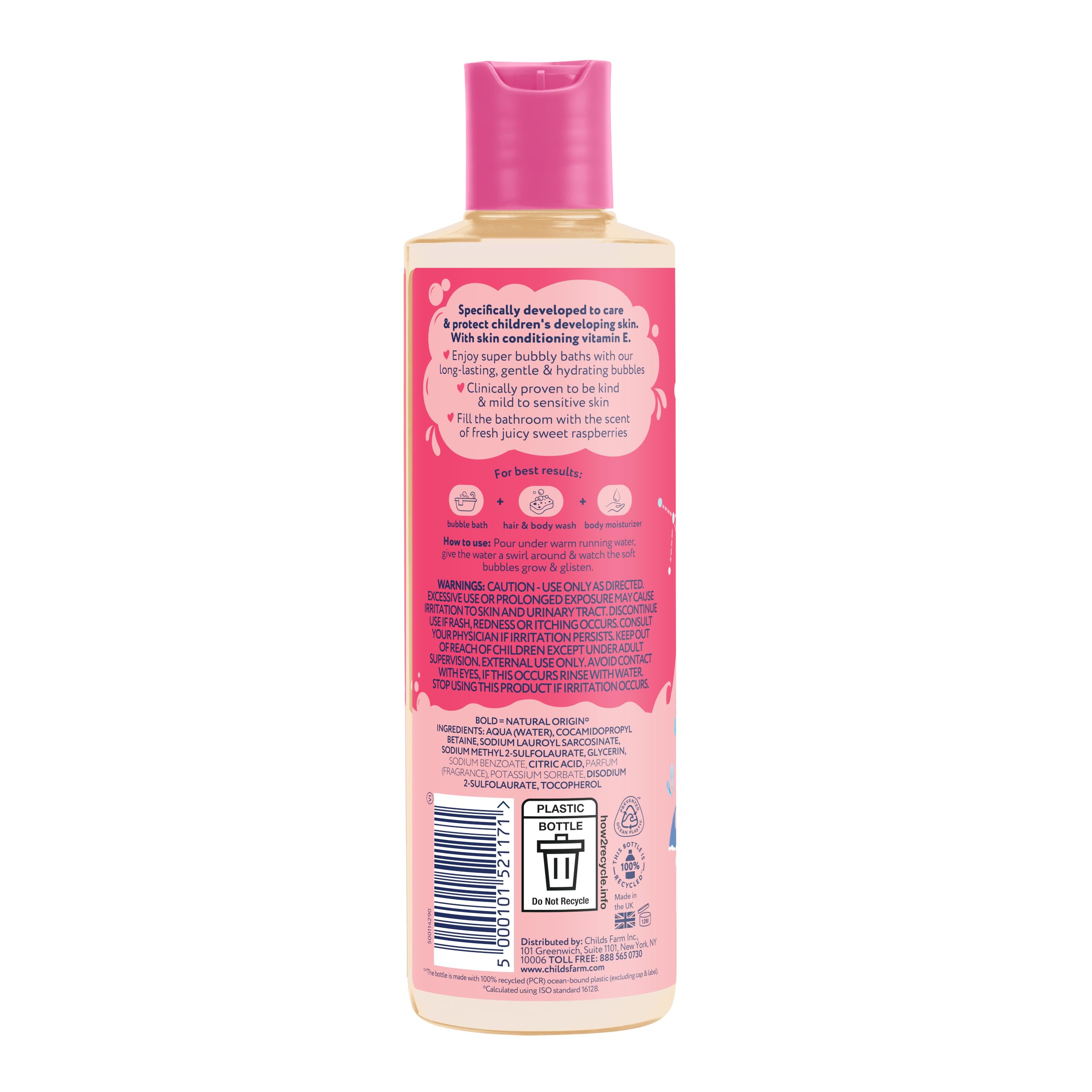 Childs Farm back label with ingredient list and sensitive skin reassurance