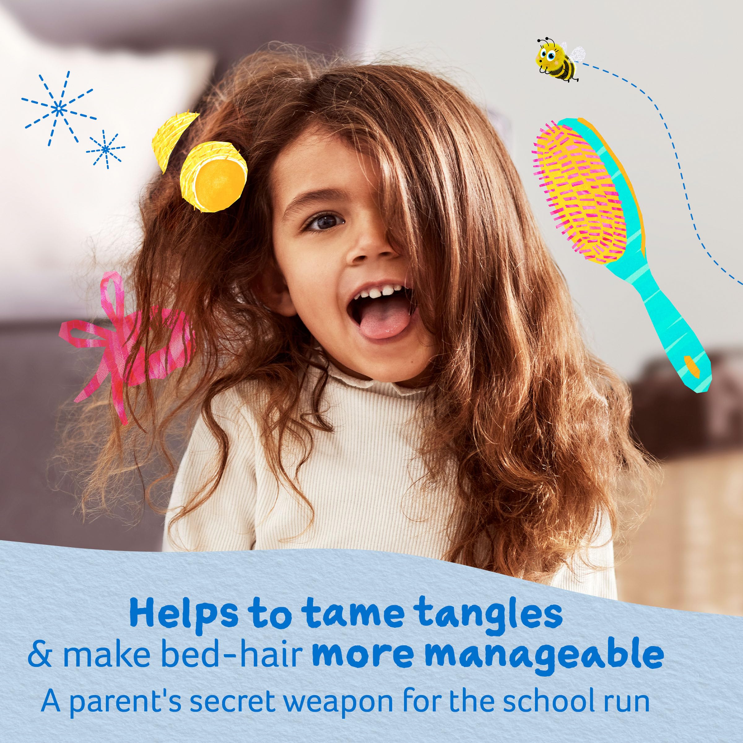 Childs Farm detangler spraying into hair to show application and quick knot release benefit