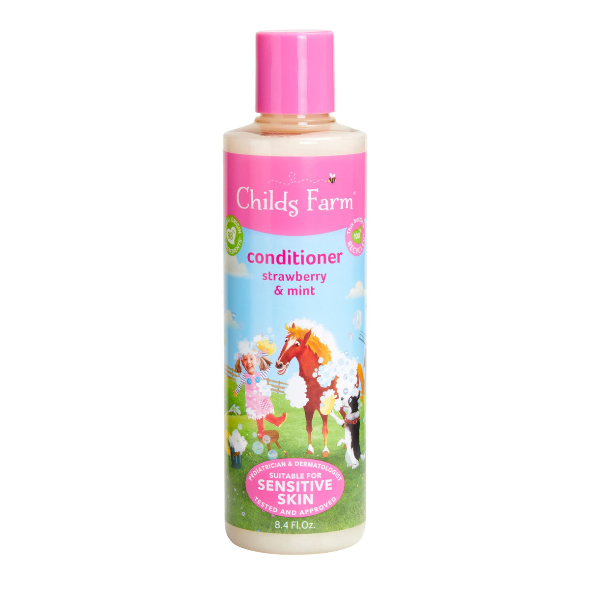 Childs Farm front packaging showing strawberry mint scent and gentle benefits