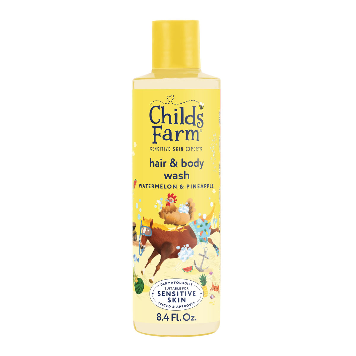Childs Farm front packaging showing gentle kids wash and tropical scent benefits