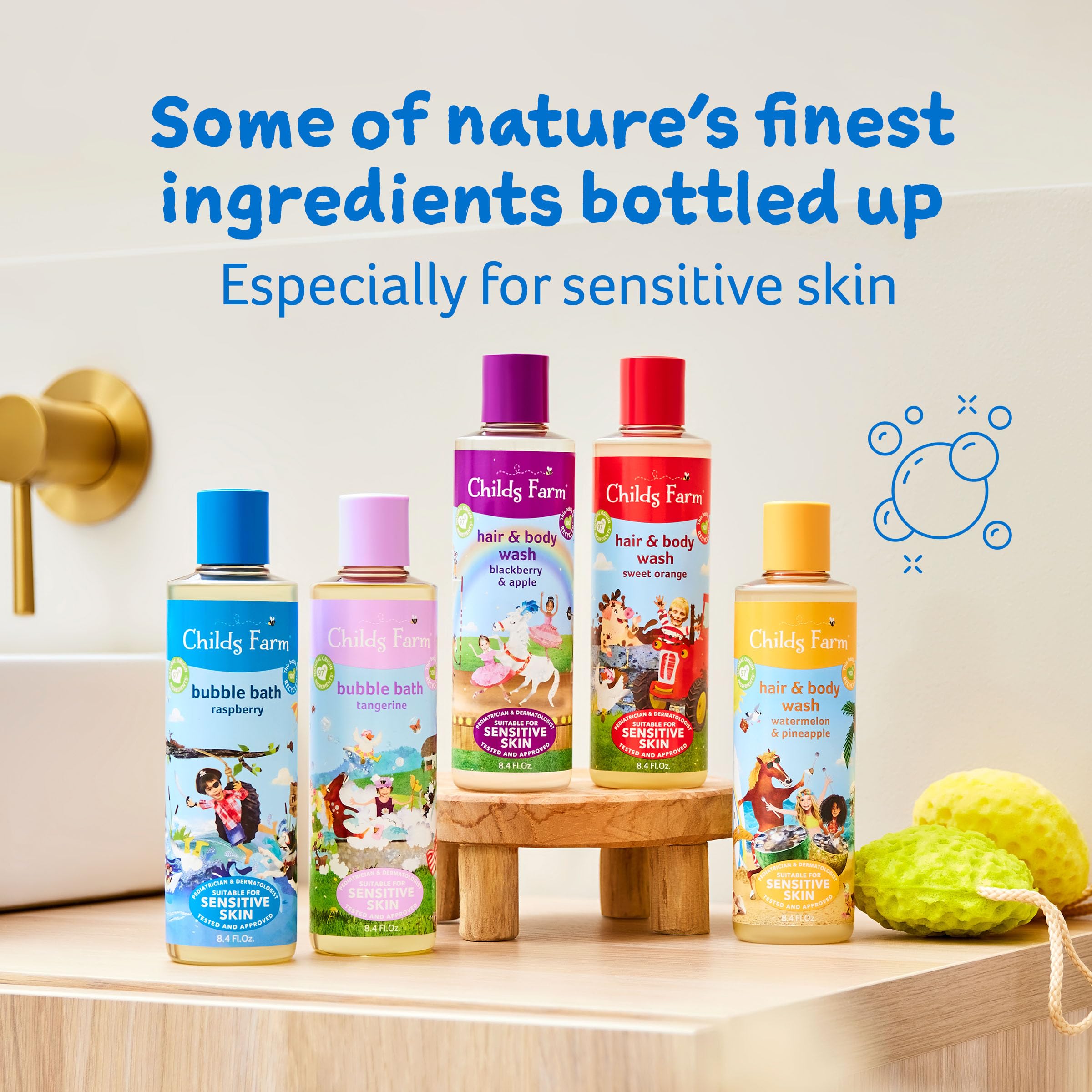 Childs Farm on bathroom shelf in family setting signaling everyday bathtime use