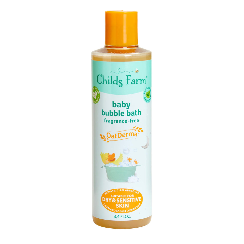 Childs Farm bottle front packaging shows gentle oat formula and benefits