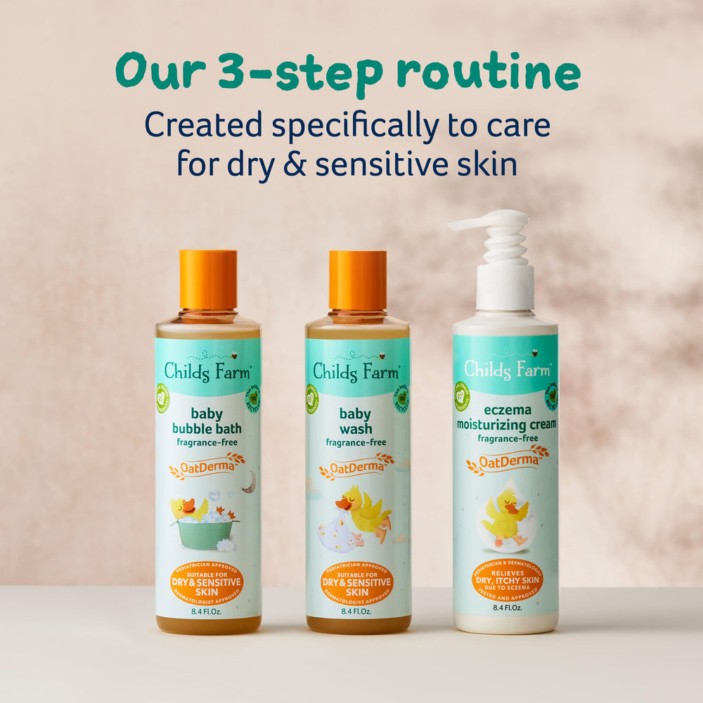 Childs Farm label detail emphasizing fragrance-free, paediatrician-approved formulation