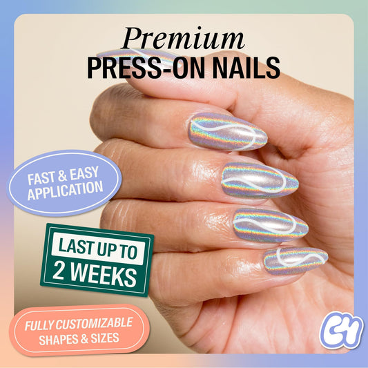 Chillhouse almond press-on nails close-up highlighting glossy finish