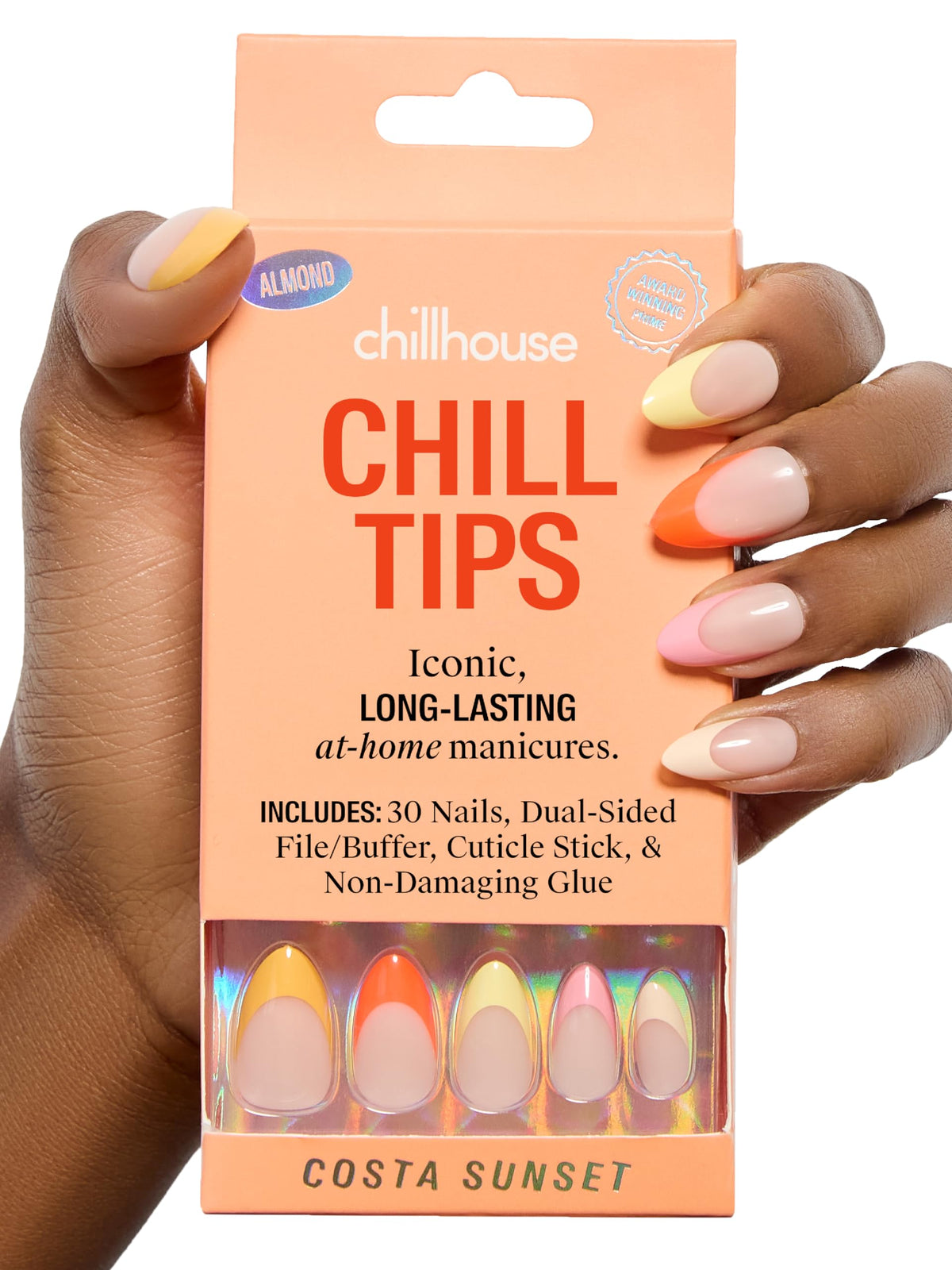 Chillhouse front packaging showing Costa Sunset kit and benefit of ready-to-wear nails