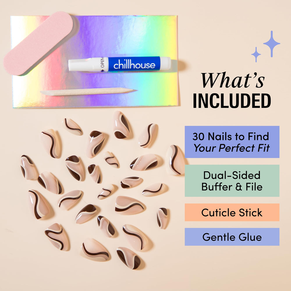 Chillhouse kit tools and Gentle nail glue displayed for easy at-home application