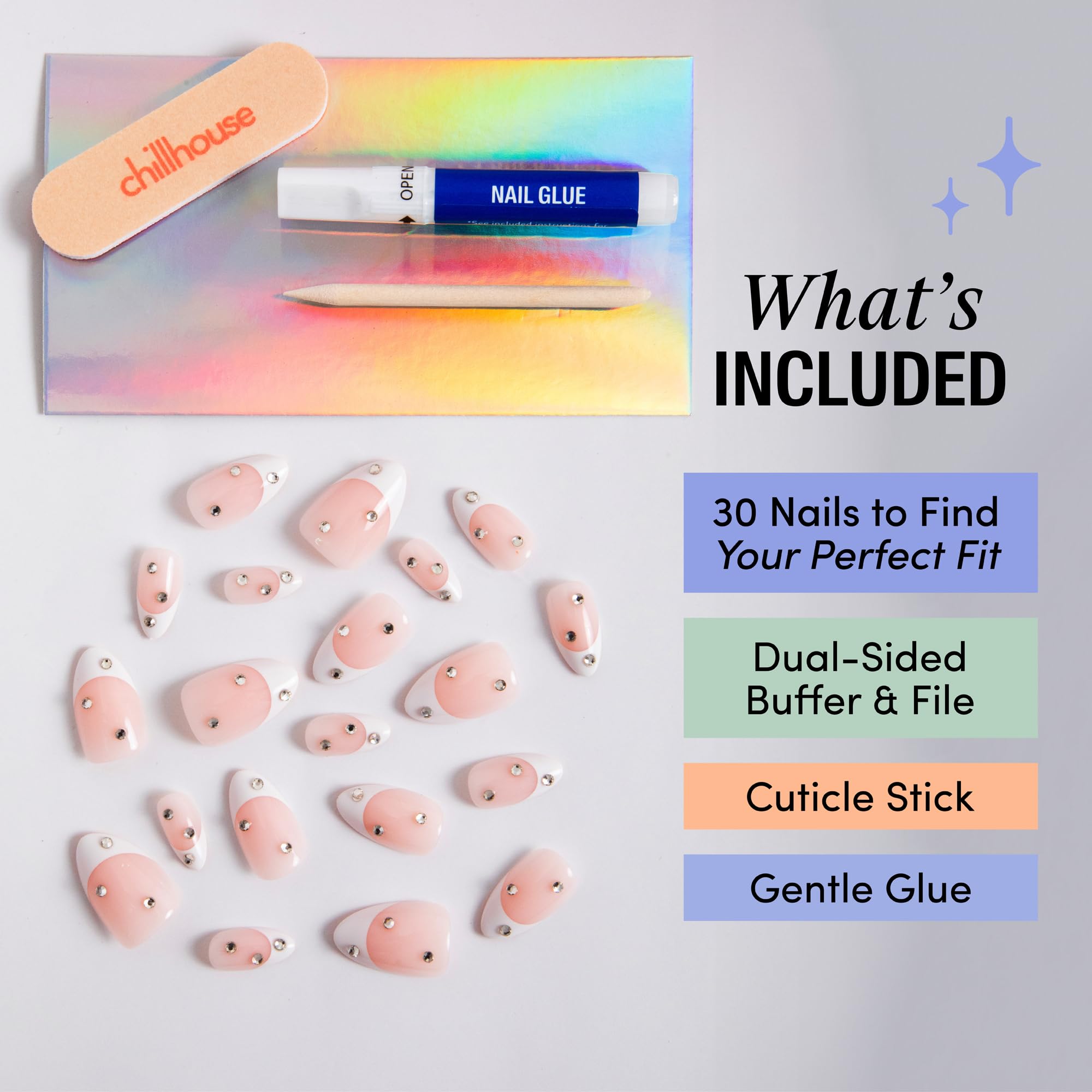 Chillhouse layout of file, buffer, cuticle stick, and glue for easy salon-style application