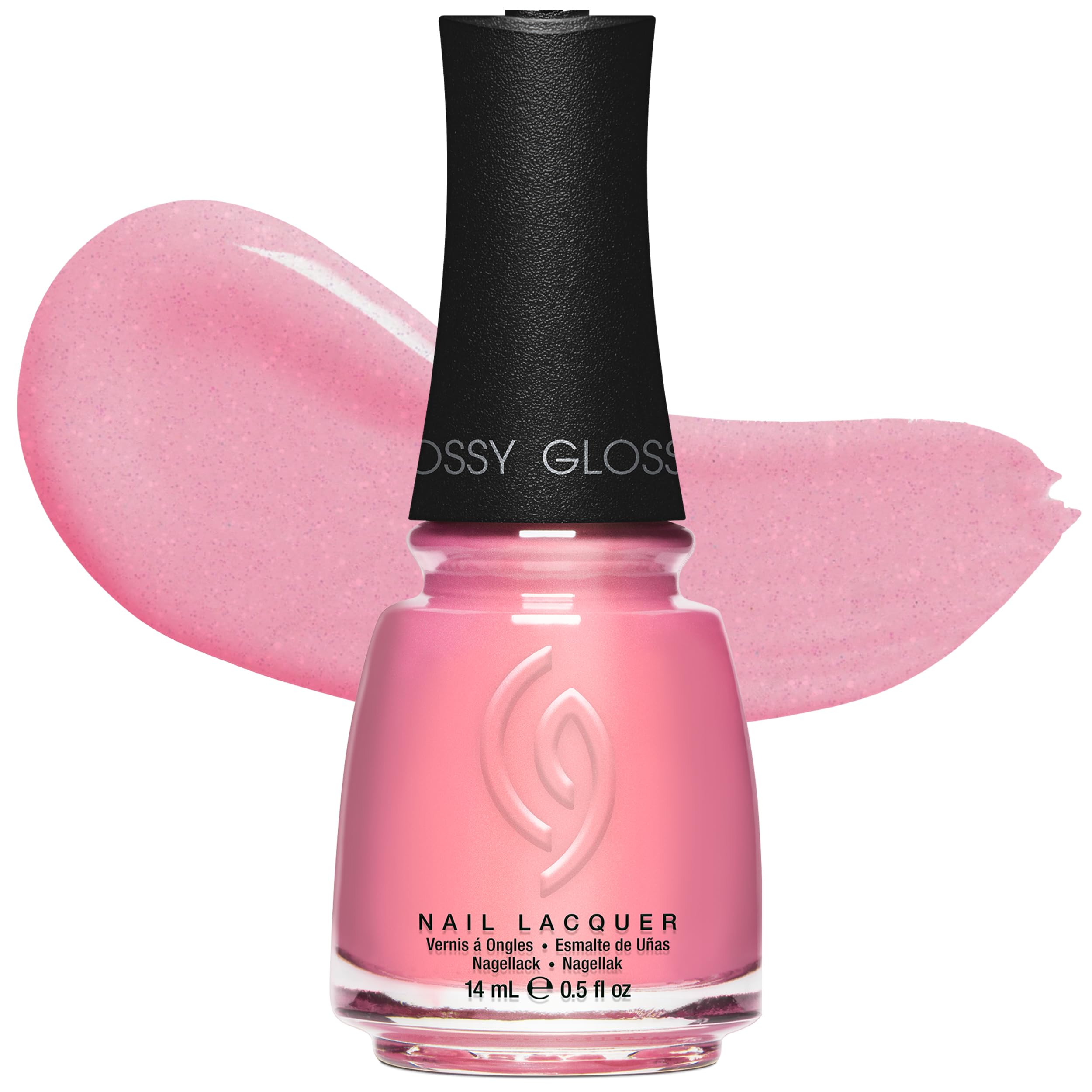China Glaze front bottle view showing rose pink shade and glossy finish benefit