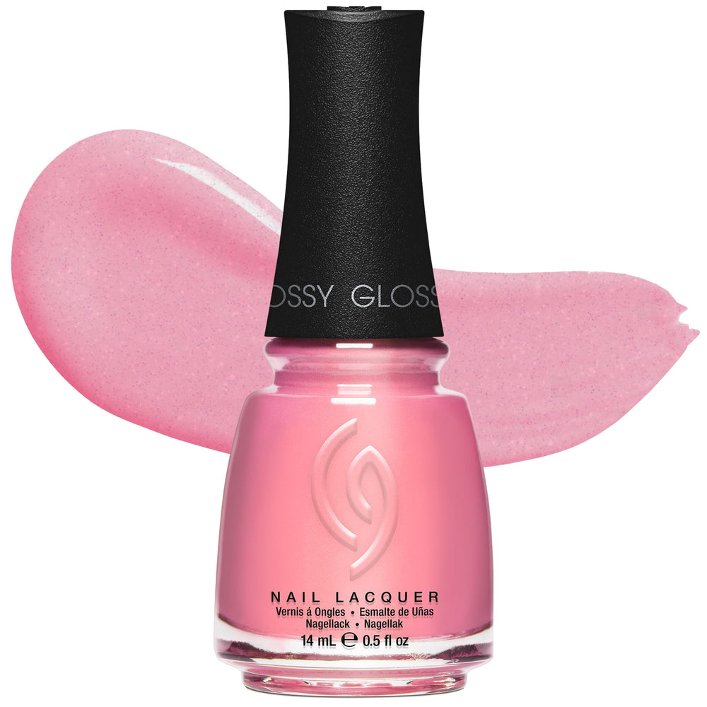China Glaze front bottle view showing rose pink shade and glossy finish benefit