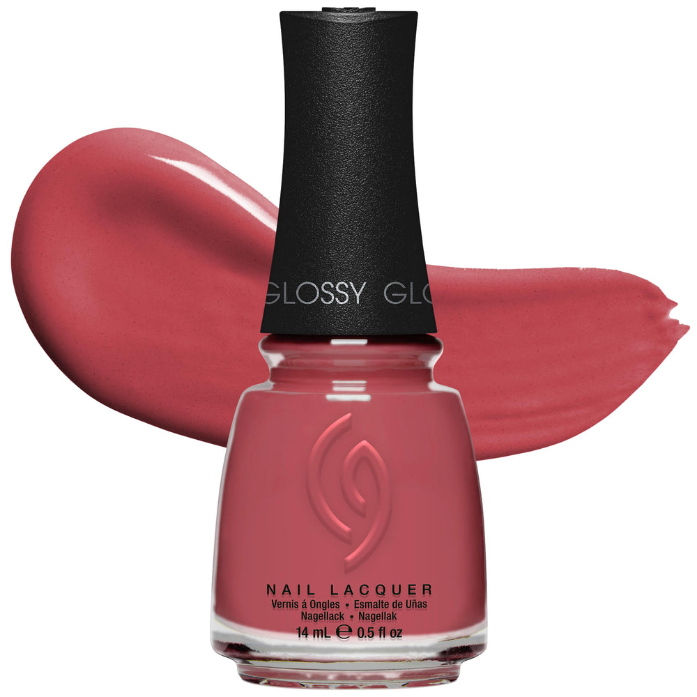 China Glaze front bottle showing dusty rose shade and glossy finish benefit