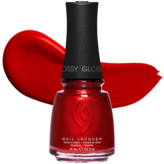 China Glaze front bottle showing red-pearl shade and glossy finish benefit