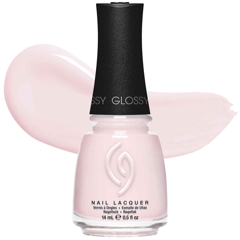 China Glaze front bottle view showing pale pink shade and glossy benefit